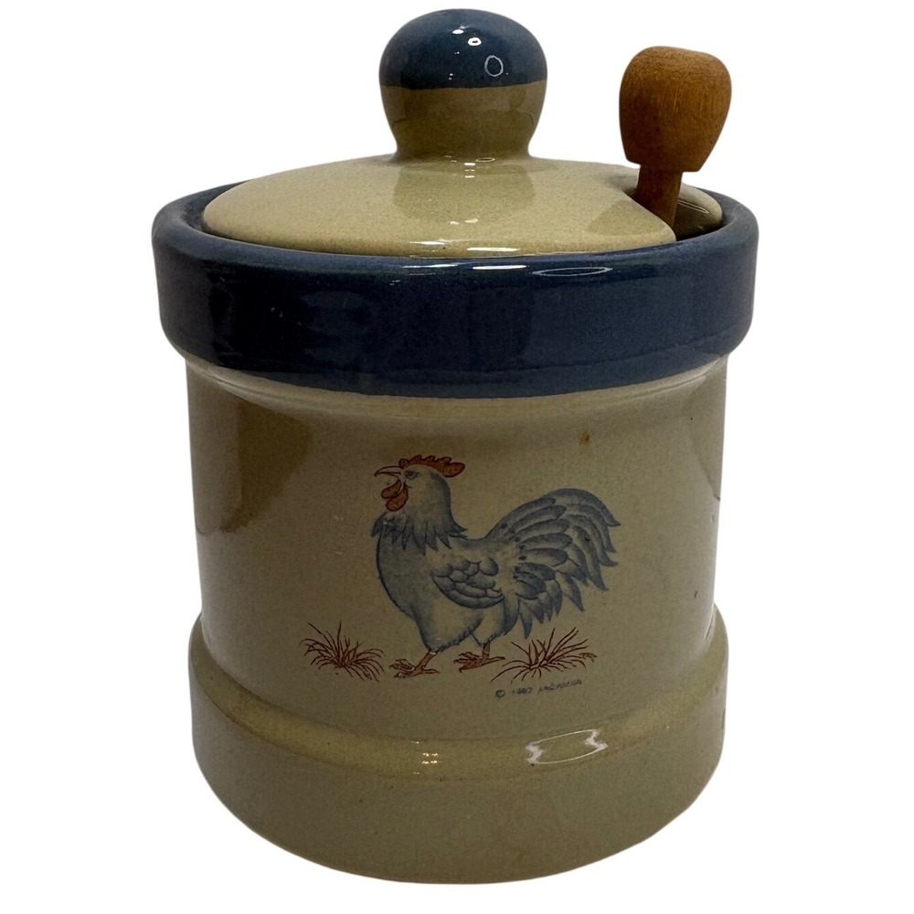 Jacaman Pottery Stoneware Honey Pot Blue Rooster Jar with Dipper 1983 Vintage